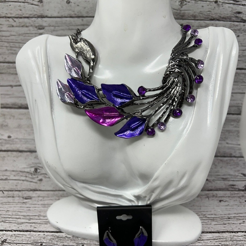 Statement Flower Necklace Pierced Earring Set Purple Enamel and Crystals